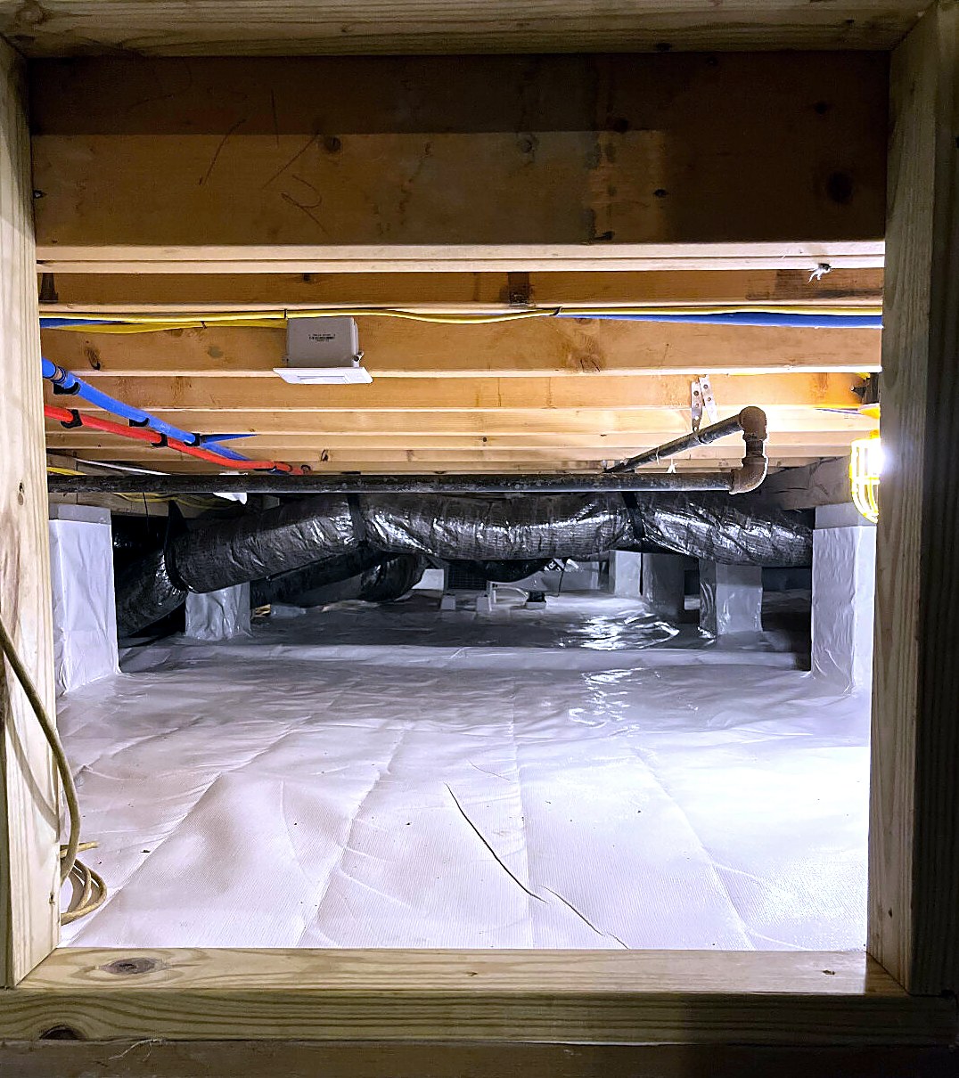 Looking through a wooden crawlspace access hatch into a finished encapsulation: white liner sealed across the ground and wrapped up each pier.